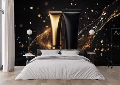 Two beauty cosmetic tubes of black gold, sripes splash premium mockup template Wall mural