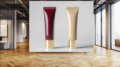 Two package beauty cosmetic tubes, burgundy cream beige isolated mockup template Wall mural