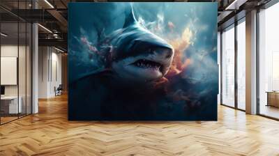 Great white shark swimming underwater with fire and smoke in the background. Generative AI Wall mural