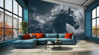 Horse in the dark with fire and smoke. Panoramic banner. Wall mural