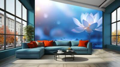 Lotus flower blooming in the pond with sunlight and blue sky. Generative AI Wall mural