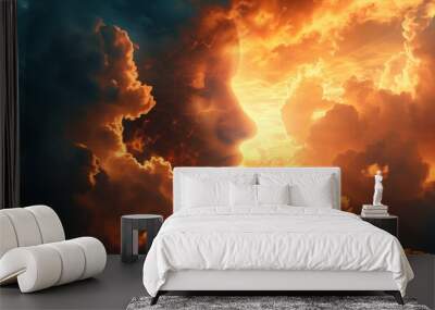 Woman face silhouette in dramatic sky with sun rays Wall mural