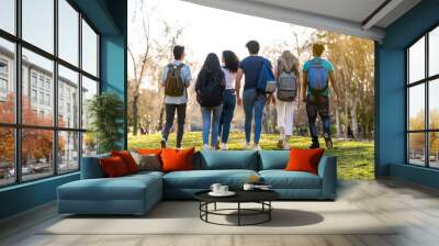 Back view of a row of young multi-ethnic students walking together in the park Wall mural