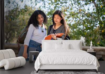 Two young female students in the street looking at their notebooks Wall mural