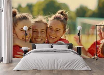 A group of girls celebrating after scoring a goal. Wall mural