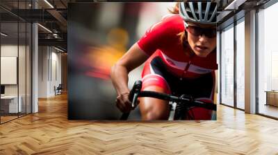 a professional female cyclist in mid-race, wearing a racing kit Wall mural