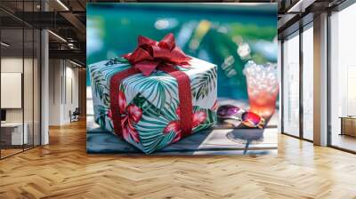 Christmas Gift Wrapped with Tropical Paper by the Pool Wall mural