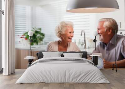 Older couple sitting on a table in smart house with smart home devices. AI generative. Wall mural