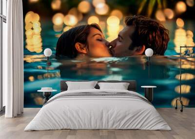 Romantic couple kissing in a pool at night with bokeh lights Wall mural