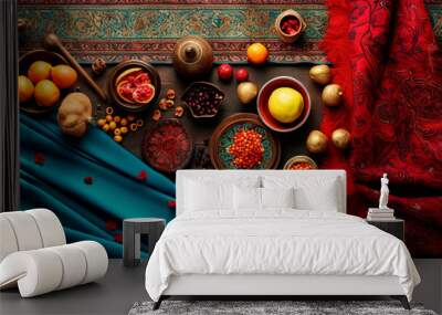 Yalda-themed textiles, such as Persian rugs and tablecloths. AI generative. Wall mural