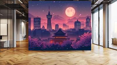  japanese old town at night with skyscrapers and beautiful cherry blossoms and full moon in the sky  Wall mural