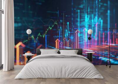 Futuristic raise arrow chart - stock market financial graph on digital background. Business and finance concept. Wall mural