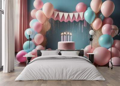 Una escena de cumpleaños minimalista con un pastel sencillo decorado con velas, rodeado de una decoración moderna y elegante, perfecta para eventos y celebraciones más sobrias pero festivas. Wall mural