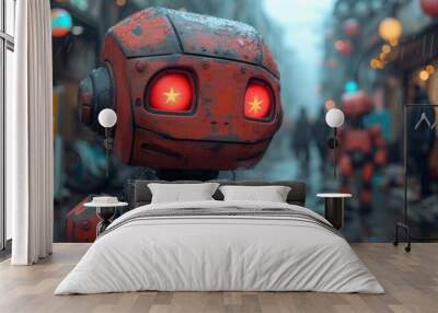  a robot with red eyes stands in the middle of a city street in the rain, with people walking on the sidewalk in the background and on a rainy day. Wall mural