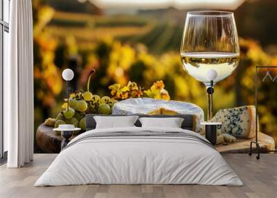 A delightful cheese board featuring different types of cheese, a glass of white wine, and bunches of grapes, displayed in a scenic vineyard setting, evoking a sense of relaxation and indulgence. Wall mural