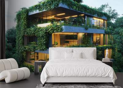 A modern, sustainable house with lush greenery integrated into its design, situated peacefully in a dense forest, exemplifying eco-friendly architecture and a tranquil lifestyle. Wall mural