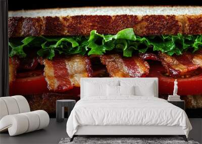 A mouth-watering BLT sandwich featuring crispy bacon, fresh lettuce, and juicy tomatoes, showcasing a classic and appetizing combination of flavors and textures in a close-up view. Wall mural