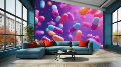 An array of multi-colored capsules and pills beautifully suspended mid-air, illuminated against a vibrant purple background, symbolizing modern medicine and pharmaceutical development. Wall mural