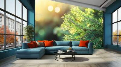 Detailed close-up shot of evergreen pine branches softly illuminated by golden sunlight, highlighting the freshness and natural beauty of the foliage. Wall mural