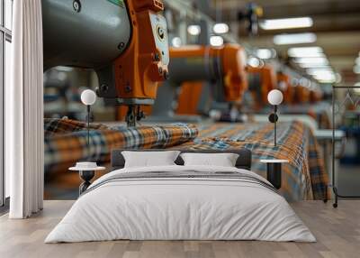 AI robotic production sewing machines, intelligent robotic arm working in fabric. Wall mural