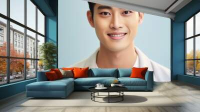 Asian man isolated on pastel background for skincare and beauty concept. AI Generated Wall mural