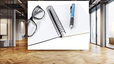 Blank diary, pen and glasses on white or transparent background. Wall mural