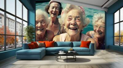 Group of happy seniors female friends smiling on the sea. Generative AI illustration. Wall mural