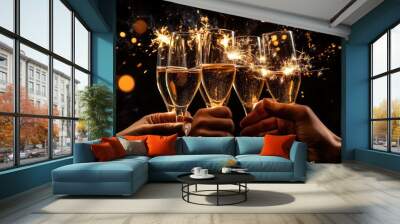 Hands toasting with champagne glasses. AI Generated. Wall mural