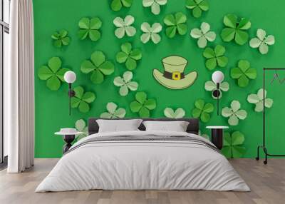 Saint Patrick's day background with hat and paper clovers Wall mural