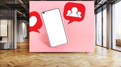 Smart phone with blank white screen and a paper speech bubbles on pastel background. Sales and offer concept. Communication and chat concept. Wall mural