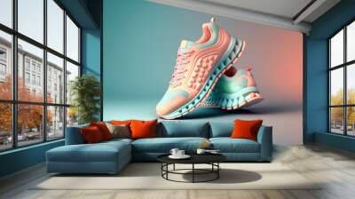 Sport shoes pastel color, 3D render style. Generative AI illustrations. Wall mural