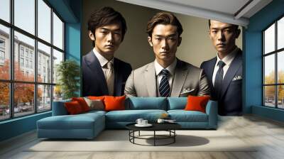 Three asian businessmen in the office. Generative AI illustration. Wall mural