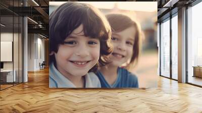 Two smiling caucasian children at school. Generative AI Wall mural