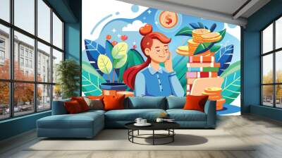 Woman dreaming to earn money, flat illustration, vector illustration. Wall mural