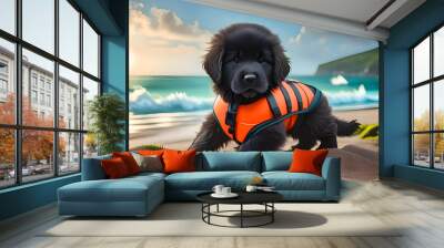 A black Terranova dog is wearing an orange life jacket and swimming in the ocean Wall mural