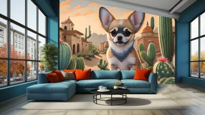 A cute chihuahua dog is standing in a desert with cacti around it Wall mural