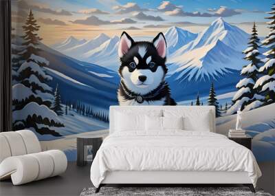 A small black and white Siberian Husky dog is sitting on a snowy hillside in front of a mountai Wall mural