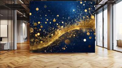 abstract background with dark blue and gold particle new year christmas background with gold stars and sparkling christmas golden light shine particles bokeh on navy background gold foil texture Wall mural