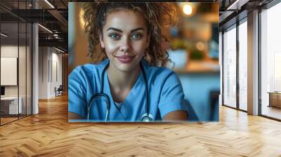 Attentive Nurse in Scrubs with Stethoscope in a Modern Medical Setting Wall mural