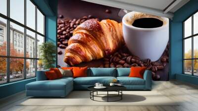 black coffee and fresh croissants on a dark background and bean Wall mural