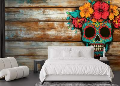 Colorful Dia de los Muertos Skull on Rustic Wooden Background Wall mural