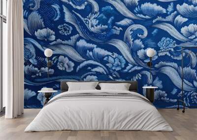 exquisite blue thai batik wallpaper with ornamental sea wave patterns Wall mural