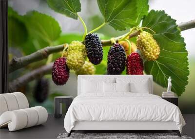 fresh organic mulberries green yellow red unripe and black ripe berry on fruit tree mulberries branch and green leaves healthy food it has a sweet and sour taste that can be used to make a smoothie Wall mural