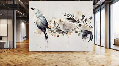 Hand drawn bird with ornaments in line art style.  Wall mural