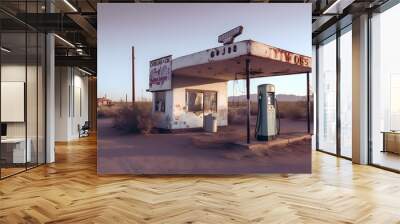 Illustrative drawing of an abandoned gas station on the desert road. Generative AI. Wall mural