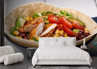 mexican chicken burrito bowl with beans tomato avocado corn and lettuce generative ai Wall mural