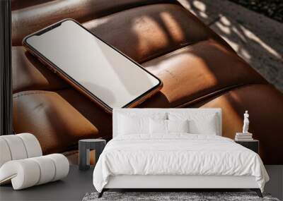 mobile phone with copy space screen on leather bench with aesthetic sunlight shadows Wall mural