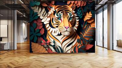 Paper cut craft art illustration of a tiger. Leaves ornate. Frontal view. Wall mural