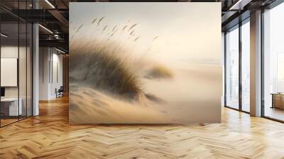 Sand dune with beach grass. Foggy shoreline on sunrise. Soft composition. Generative AI. Wall mural