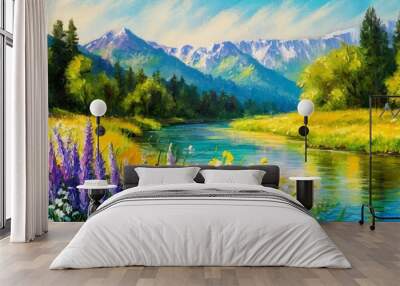 summer landscape flowers on the river bank with trees and mountains in the background oil painting style illustration Wall mural